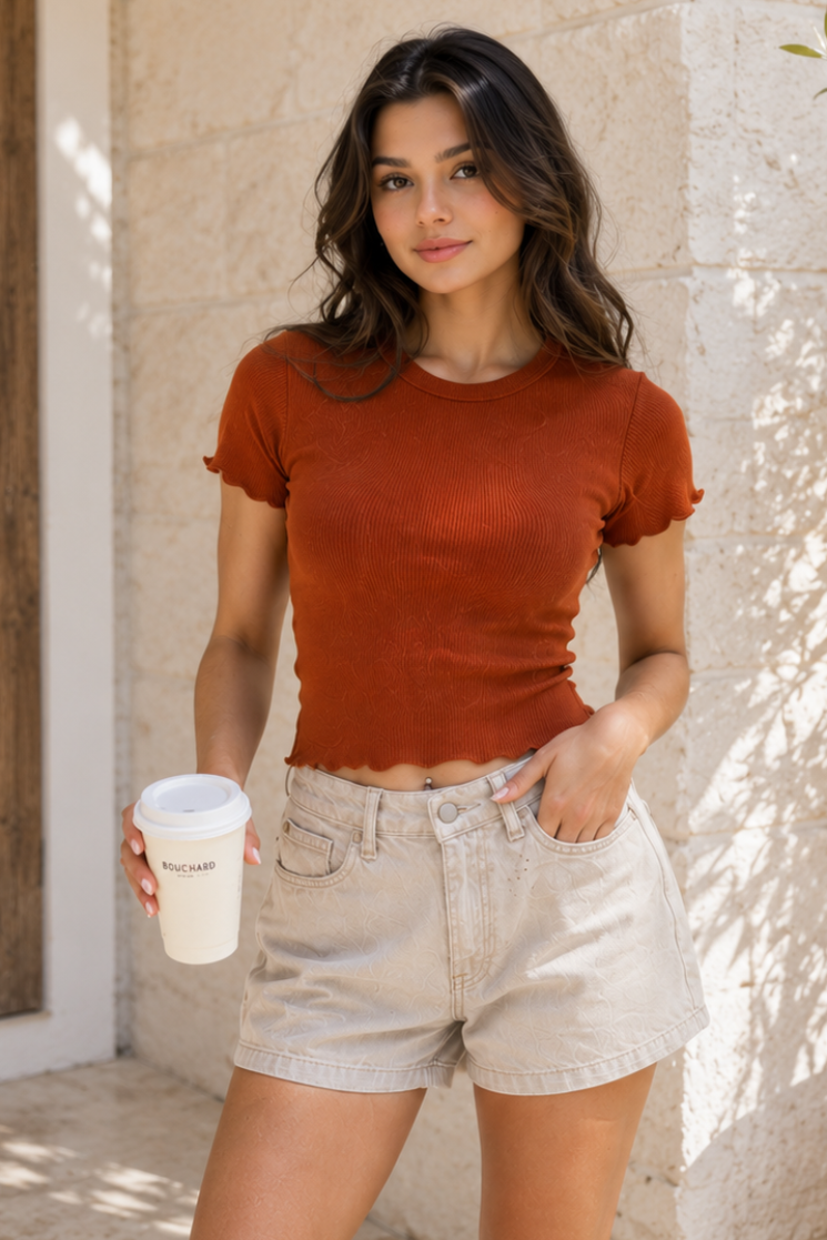 Rust Ribbed Fitted T-Shirt