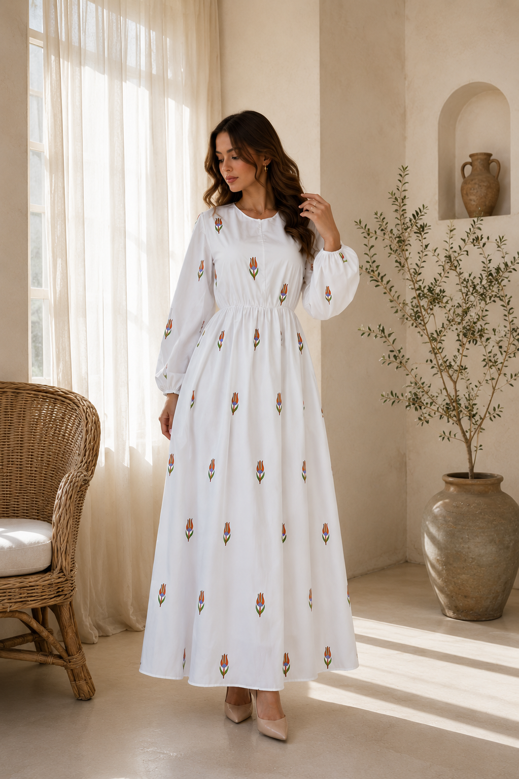 Floral Embroidered White Maxi Dress