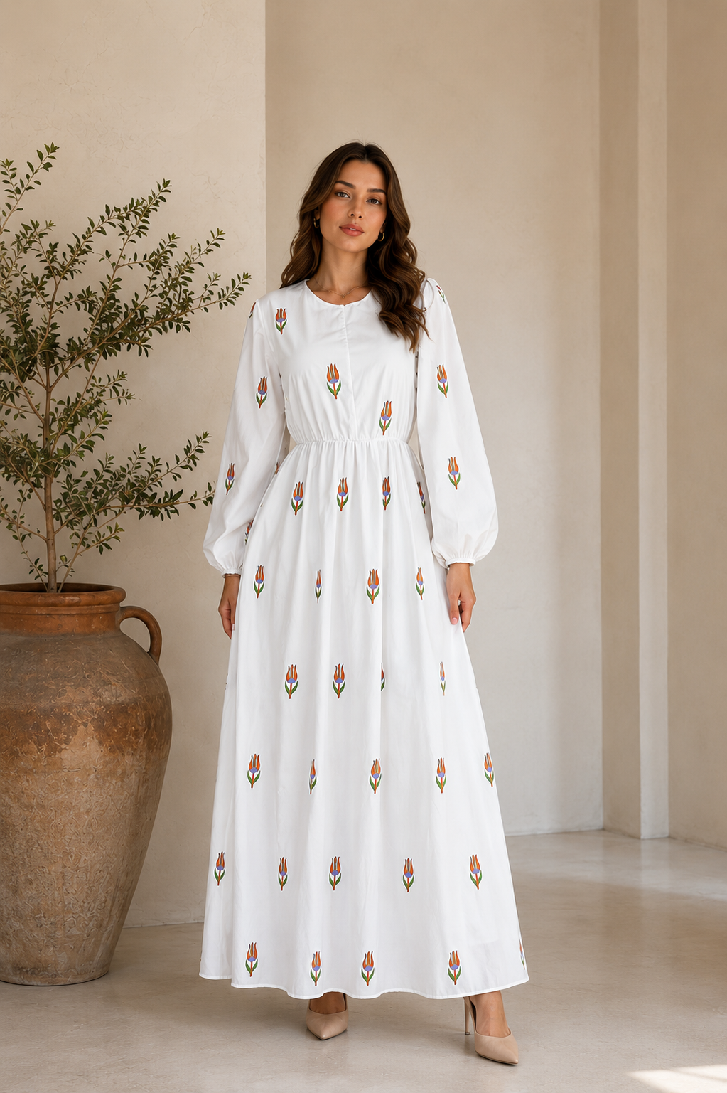 Floral Embroidered White Maxi Dress