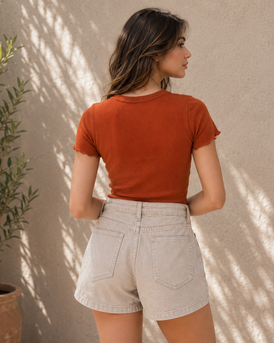 Rust Ribbed Fitted T-Shirt