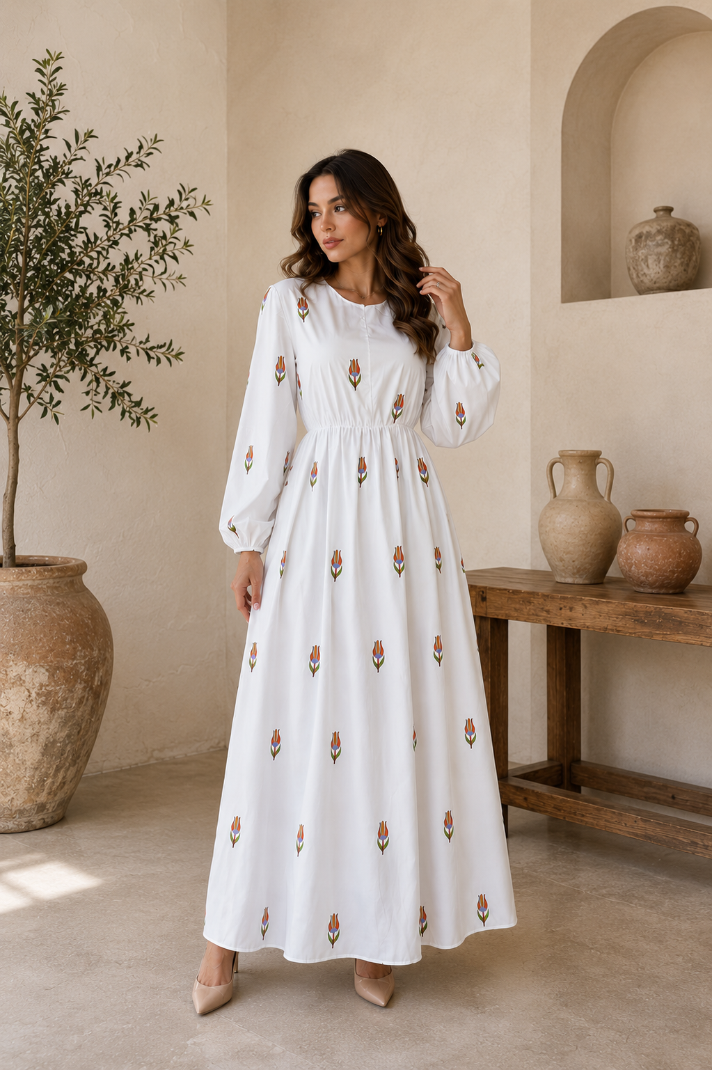Floral Embroidered White Maxi Dress